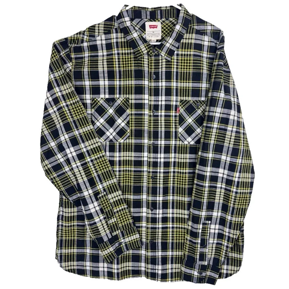 Levi's Honaker Plaid Flannel Shirt Mens 2XL Black Yellow Long Sleeve Button Up